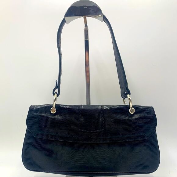 Auth Burberry Embossed Reptile Print Black Leather Horsebit Baguette Purse - Picture 4 of 6